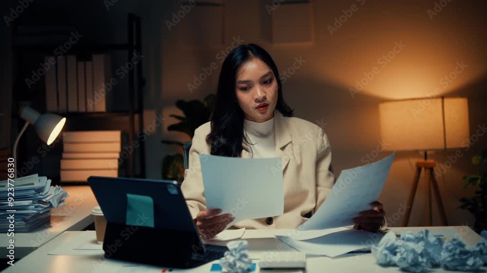 Businesswoman struggles with paperwork stress, crumpling documents in frustration. Expression of burnout highlights the pressures of corporate work during late hours Businesswoman struggles with paperwork stress, crumpling documents in frustration. Expression of burnout highlights the pressures of corporate work during late hours