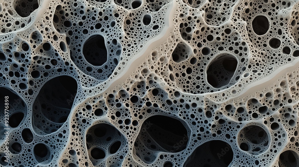 Detailed view of textured material with numerous bubbles and voids under soft lighting Detailed view of textured material with numerous bubbles and voids under soft lighting