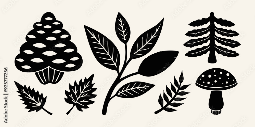 Linocut forest branch set vector engraving Scandinavian leaf, mushroom, cones black print collection. Autumn nature woodcut silhouette, season twig botanical object kit. Linocut branch texture stamp S