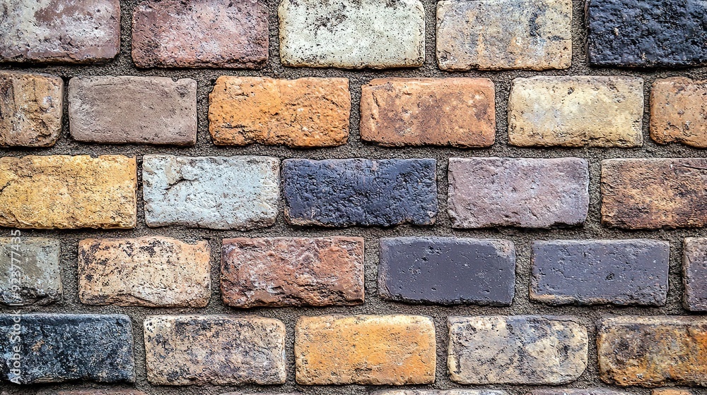 Obraz premium Textured brick wall in various earthy tones with subtle imperfections, located in an urban setting