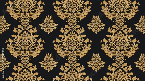Elegant gold floral damask pattern on black background for interior design use