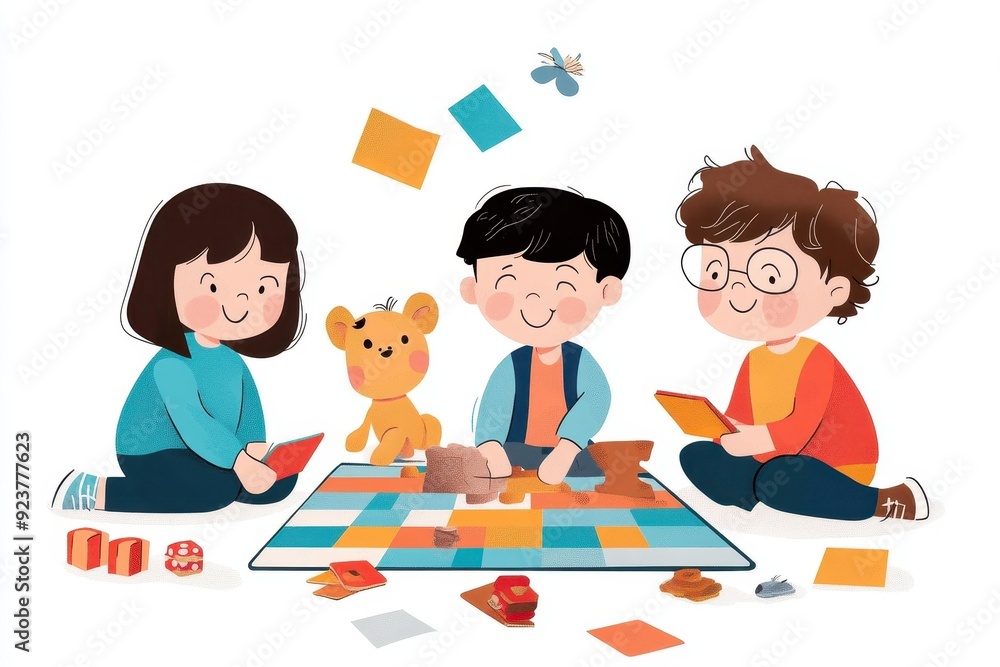 Playful Learning: Students Engaged in Colorful Board Game Vector Illustration Playful Learning: Students Engaged in Colorful Board Game Vector Illustration