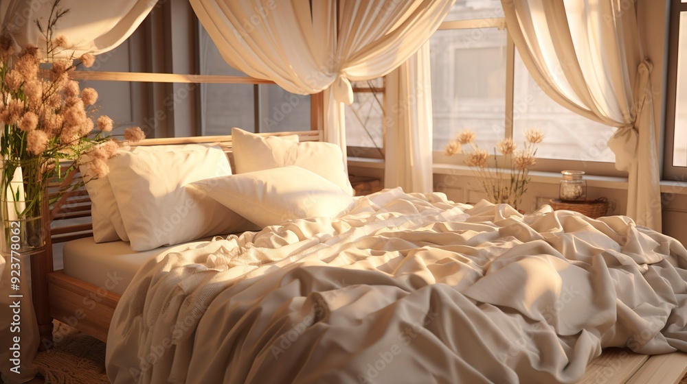 A photo of a bed with a light airy canopy A photo of a bed with a light airy canopy