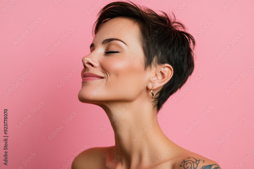 A close up of a woman's face with tattoos and her eyes closed A close up of a woman's face with tattoos and her eyes closed