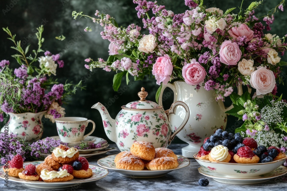 Elegant Afternoon Tea with Delicate Pastries and Floral Accents Elegant Afternoon Tea with Delicate Pastries and Floral Accents