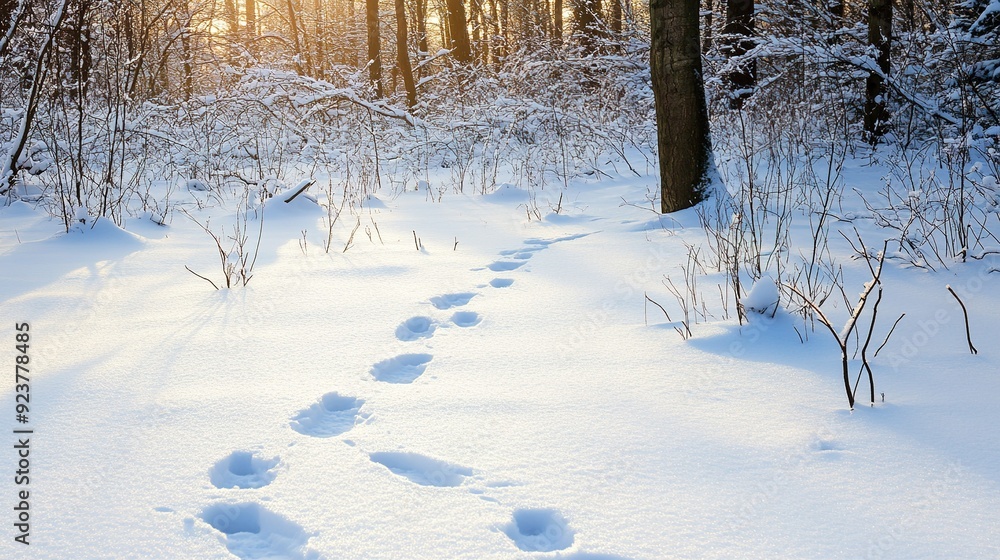 Footprints in freshly fallen snow along a forest path at sunrise Footprints in freshly fallen snow along a forest path at sunrise