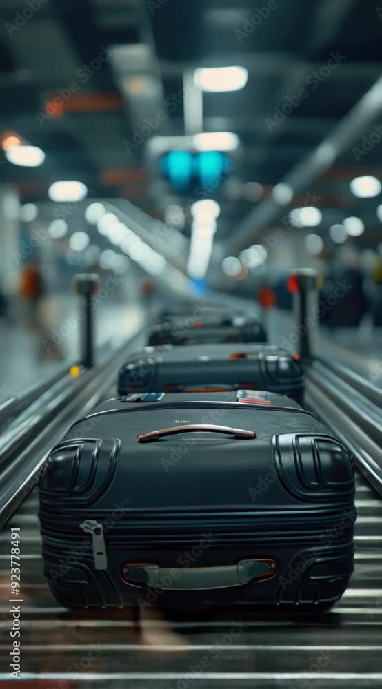 A conveyor belt with several black suitcases on it. The suitcases are being sorted and loaded onto a plane A conveyor belt with several black suitcases on it. The suitcases are being sorted and loaded onto a plane