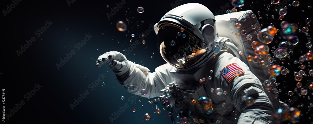 Fototapeta premium Astronaut exploring lunar surface, collecting samples of crystalline structures