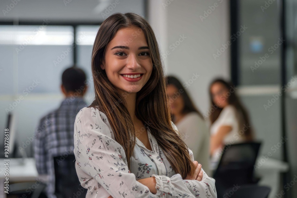 Smart high-skilled young Brazilian woman with a cheerful smile stands with arms crossed on the forefront in a modern office setting with her colleagues collaborating in the background, team synergy
Smart high-skilled young Brazilian woman with a cheerful smile stands with arms crossed on the forefront in a modern office setting with her colleagues collaborating in the background, team synergy