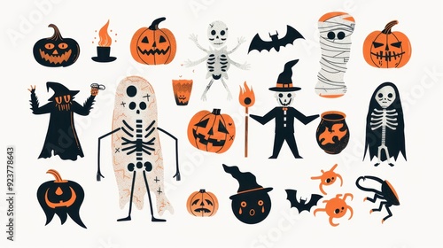 Design Vintage Color illustrations of spooky Halloween rankenstein and mummy in various activities ,with bold lines and simple design, placed on a white background  photo