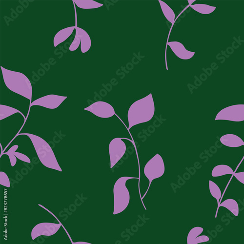 Seamless repeat pattern with pink branch with leaves on green background. Vector illustration. No AI generated content in this pattern.
