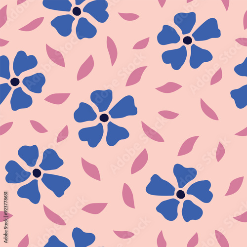 Seamless repeat pattern with hand drawn  blue daisy flowers and pink leaves. Vector illustration. No AI generated content in this pattern.