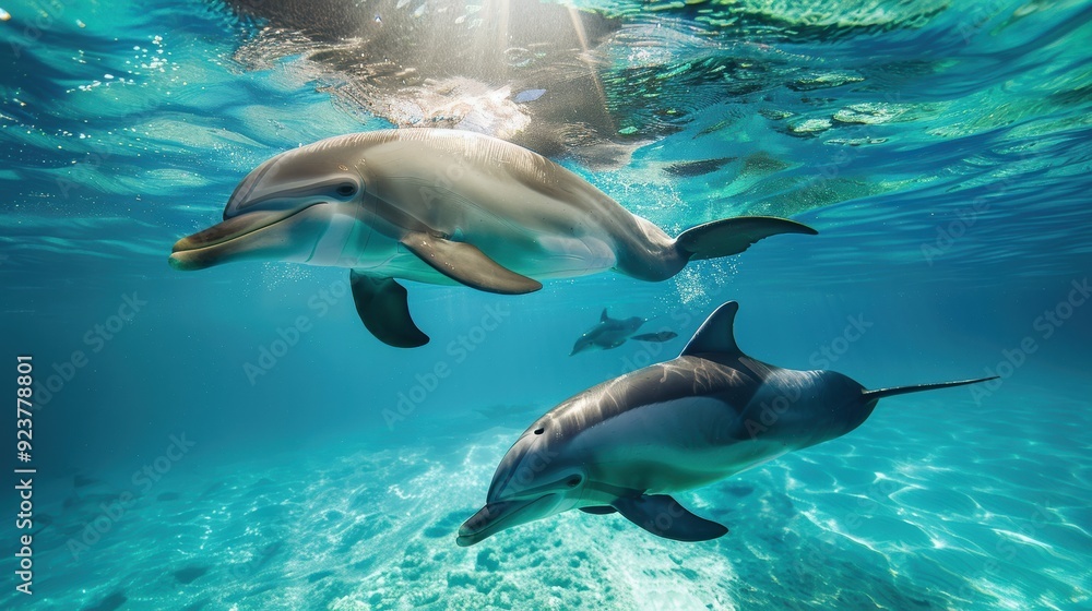 Obraz premium Dolphins swimming gracefully underwater, their sleek bodies gliding through the clear blue ocean. The sunlight filtering through the water enhances the beauty of this aquatic scene.