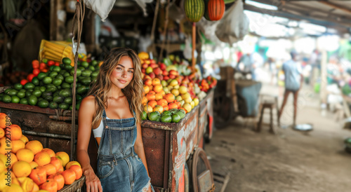 Young woman working at a produce stand. overalls, piles of produce, nice smile
