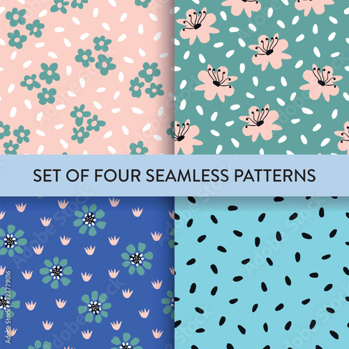 Seamless repeat pattern set.  Hand drawn simple elements. Daisy flowers, spot, drop.Vector illustration. No AI generated content in this pattern collection.