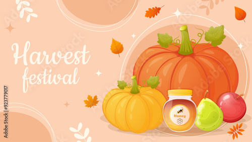 Harvest festival background with pumpkin, apple, pear and honey. Autumn banner concept.