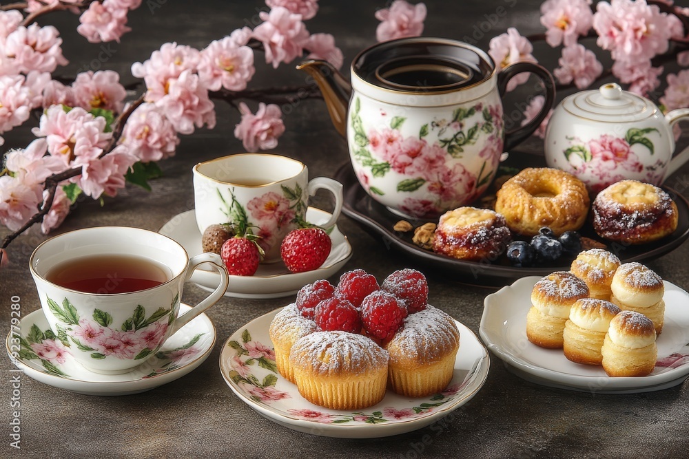 Afternoon Tea with Raspberry Muffins and Cherry Blossoms Afternoon Tea with Raspberry Muffins and Cherry Blossoms