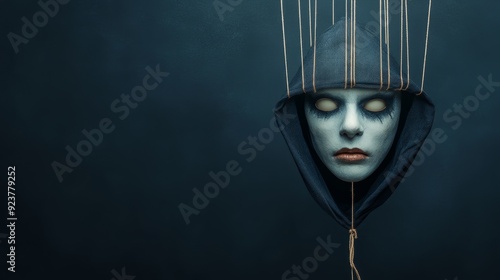 Ensnared Soul: A ghostly, pale face with white eyes stares blankly from beneath a dark hood, suspended by strings against a somber blue background.  photo