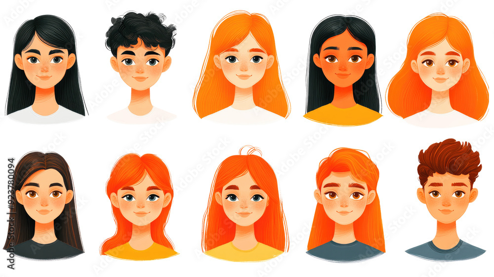 This image features ten diverse, illustrated faces with various hair colors and styles, showcasing a range of human expressions and characters.