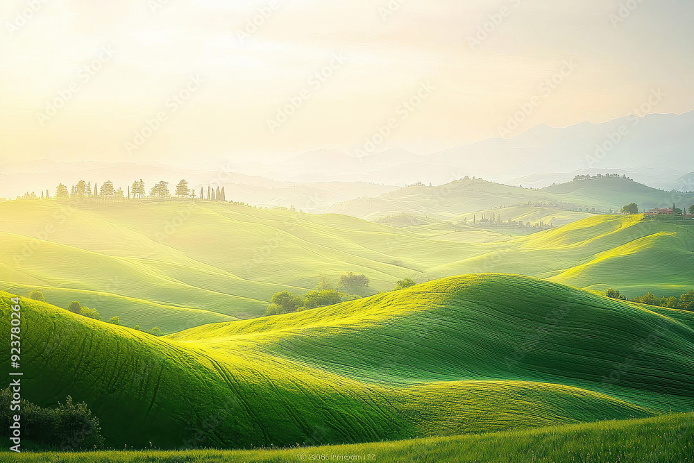 This serene image features a beautiful landscape of rolling green hills bathed in sunlight with scattered trees, evoking a sense of peace and natural splendor. This serene image features a beautiful landscape of rolling green hills bathed in sunlight with scattered trees, evoking a sense of peace and natural splendor.