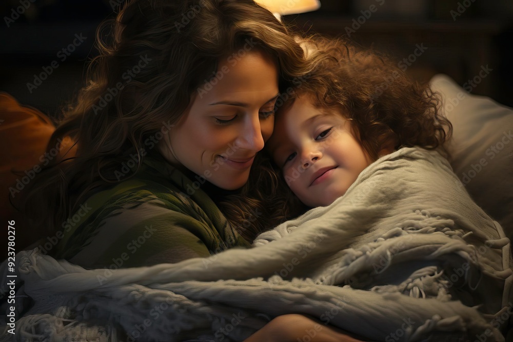 A cozy moment shared between a mother and child cuddled under a blanket, showcasing warmth and affection in a soft light. A cozy moment shared between a mother and child cuddled under a blanket, showcasing warmth and affection in a soft light.