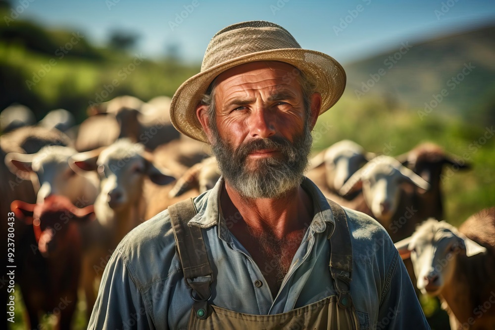 A farmer with a straw hat stands confidently in front of his flock of sheep, showcasing rural life and dedication to agriculture. A farmer with a straw hat stands confidently in front of his flock of sheep, showcasing rural life and dedication to agriculture.