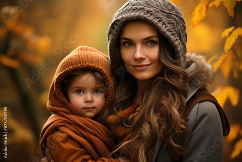 A heartwarming moment between a mother and child in a serene autumn landscape, surrounded by golden leaves.