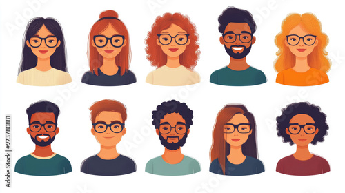 This image features a diverse set of cartoon avatars, each wearing glasses, showcasing varying hairstyles and backgrounds, providing a friendly look.