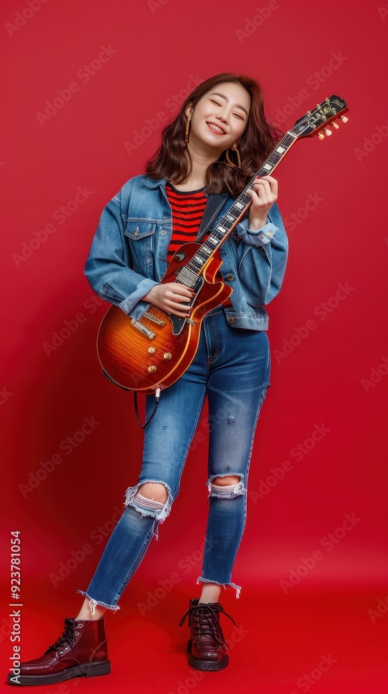 Fototapeta premium A young woman smiles while holding an electric guitar, dressed in stylish casual attire against a vibrant red background