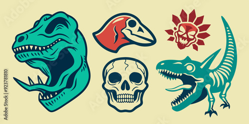 Dinosaur skeleton linocut print set, tattoo dino skull, vector prehistoric archaeology fossil icon. Jurassic reptile engraving sticker, triceratops silhouette, reptor head. Dinosaur skeleton woodcut 