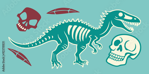 Dinosaur skeleton linocut print set, tattoo dino skull, vector prehistoric archaeology fossil icon. Jurassic reptile engraving sticker, triceratops silhouette, reptor head. Dinosaur skeleton woodcut 