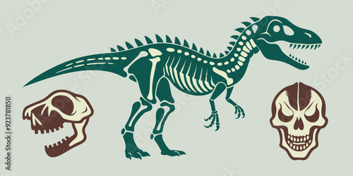 Dinosaur skeleton linocut print set, tattoo dino skull, vector prehistoric archaeology fossil icon. Jurassic reptile engraving sticker, triceratops silhouette, reptor head. Dinosaur skeleton woodcut 
