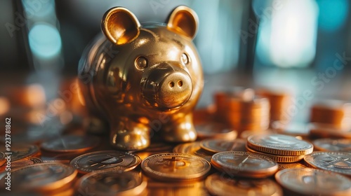 Golden piggy bank surrounded by coins, representing savings, investment, and financial growth in a modern setting. photo