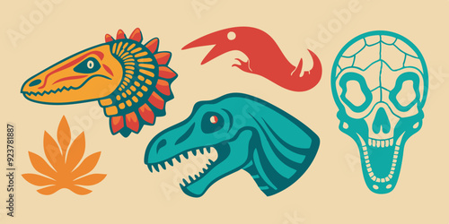 Dinosaur skeleton linocut print set, tattoo dino skull, vector prehistoric archaeology fossil icon. Jurassic reptile engraving sticker, triceratops silhouette, reptor head. Dinosaur skeleton woodcut 