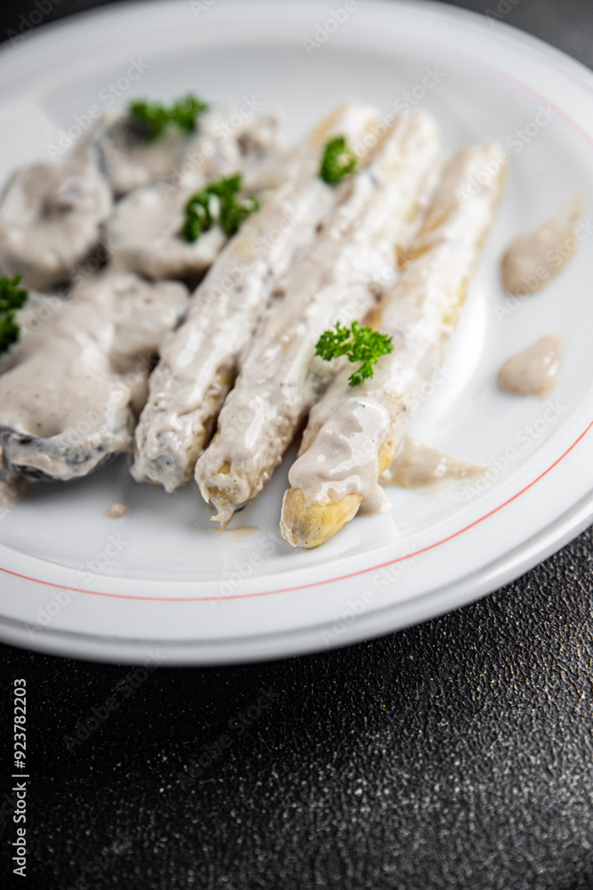 asparagus white in cream sauce fresh food snack on the table copy space food background rustic top view asparagus white in cream sauce fresh food snack on the table copy space food background rustic top view