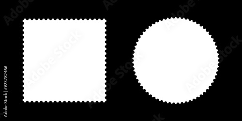 Postage white stamp template frames. Blank circle, rectangular vintage stamps. Empty borders, backdrops for postcards, letters. Tags, labels, coupons, boxes with curvy, wiggly, wavy perforated edges.