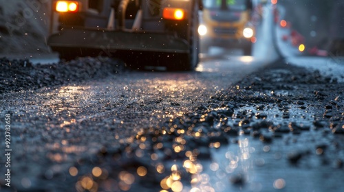 Nighttime street scene in rain showing construction work with vehicles like roadroller fixing road damage under bright lights. Traffic moves amidst the activity.