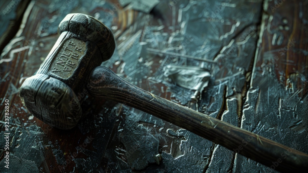 Metal hammer with inscription on wood. Metal hammer with inscription on wood.