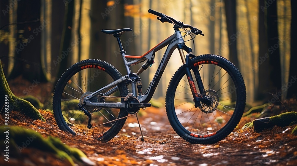 A photo of a bicycle on a forest trail during A photo of a bicycle on a forest trail during
