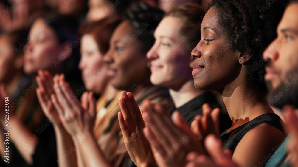 Diverse group in theater clapping and smiling, watching performance. Dim setting, faces illuminated, person in white shirt on the right. Diverse group in theater clapping and smiling, watching performance. Dim setting, faces illuminated, person in white shirt on the right.