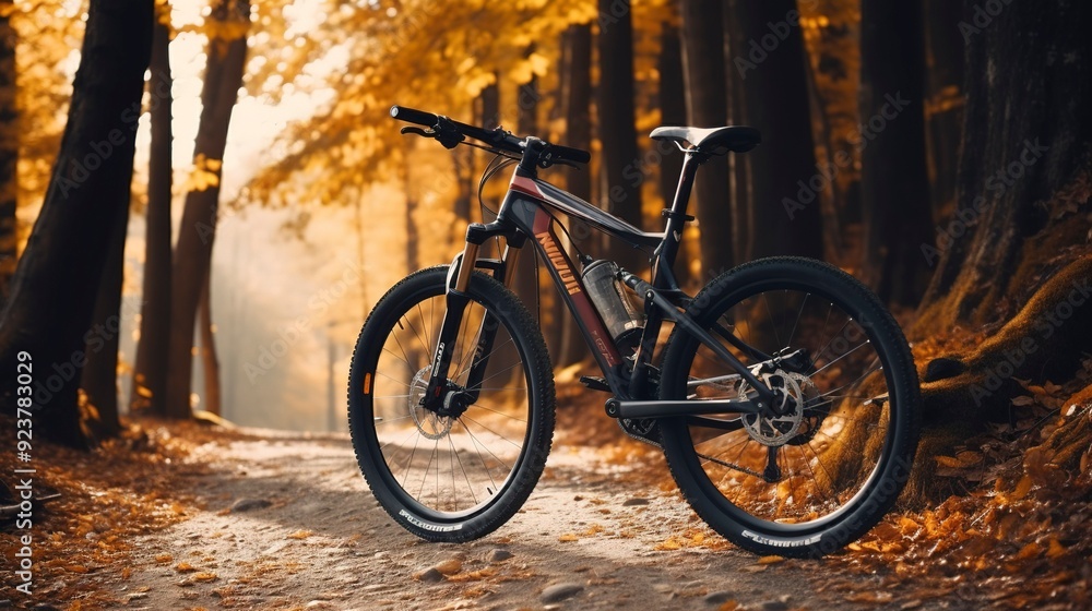 A photo of a bicycle on a forest trail during A photo of a bicycle on a forest trail during