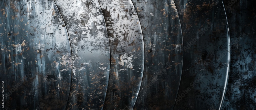 Obraz premium Close-up view of aged black metal shields arranged in a spiral pattern. Some rust spots, wear is visible. Aesthetically pleasing composition with slight deviations in orientation