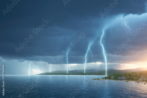 Dramatic Lightning Strikes Over Ocean With Dark Storm Clouds At Dusk