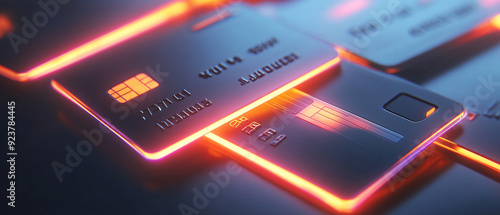 3D credit cards stacked with glowing transaction lines, symbolizing digital payments