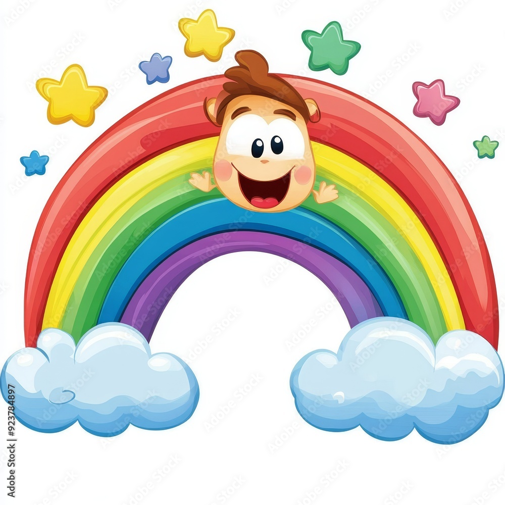 Naklejka premium Clipart of a cheerful rainbow with clouds, cartoon style