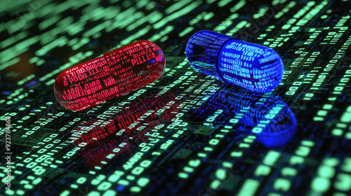 A vivid depiction showcasing two digital pills, one red and one blue, resting on a glowing green matrix background filled with binary code, symbolizing choice in a digital age.