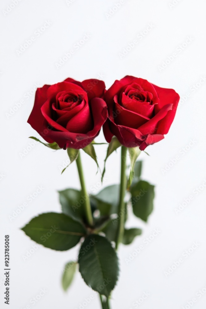 Beautiful pair of vibrant red roses with green leaves against a light background, perfect for romantic occasions and floral arrangements. Beautiful pair of vibrant red roses with green leaves against a light background, perfect for romantic occasions and floral arrangements.