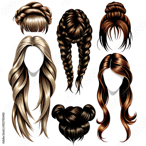 Realistic set of female hairstyles on an isolated white background (4)