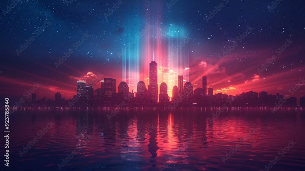 Illustration of a 3D rendered skyline with beams of light shining into the sky for Patriot Day, set against a colorful, respectful background Illustration of a 3D rendered skyline with beams of light shining into the sky for Patriot Day, set against a colorful, respectful background