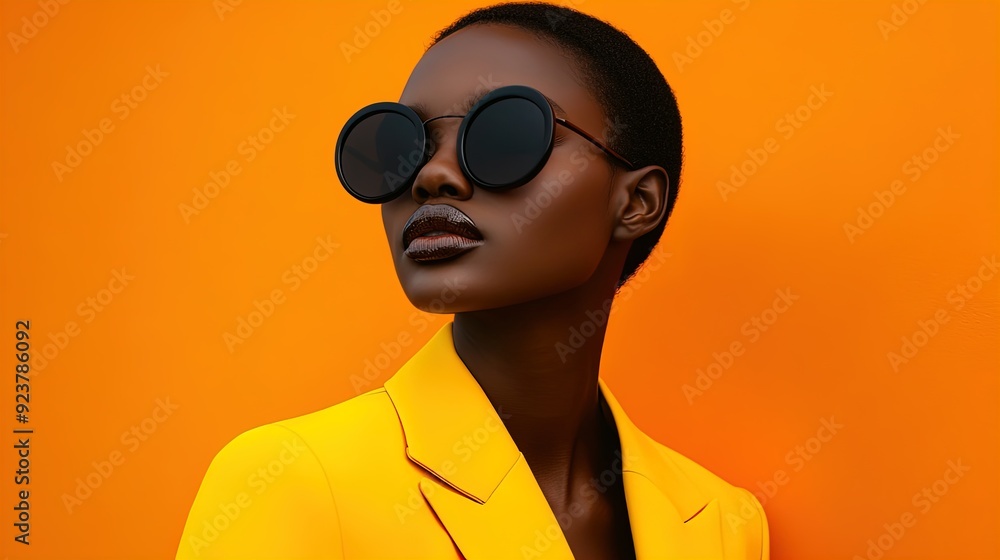 Vibrant Fashion Statement: A Model in a Stunning Yellow Blazer with High Collar and Oversized Black Sunglasses – Perfect for Sports Interior Posters! Vibrant Fashion Statement: A Model in a Stunning Yellow Blazer with High Collar and Oversized Black Sunglasses – Perfect for Sports Interior Posters!